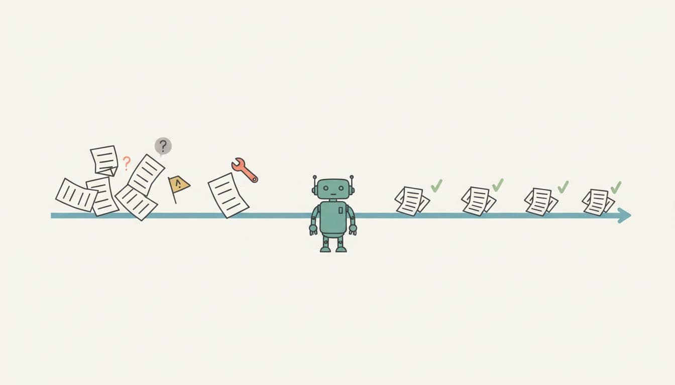 Editorial illustration of five waves of paper tickets moving along a pipeline with a few flagged or stuck, observed by a small robot below.