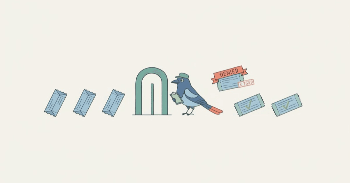 Editorial illustration of a checkpoint where paper tickets approach a gate; a magpie inspector at the gate stamps most with check marks and refuses one.