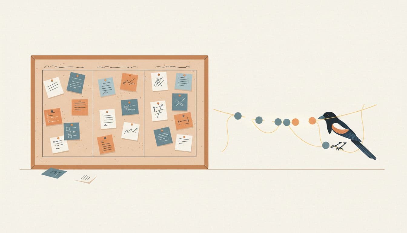 Editorial illustration of a magpie threading paper tickets as beads onto a dependency string, beside a retired corkboard kanban with falling cards.