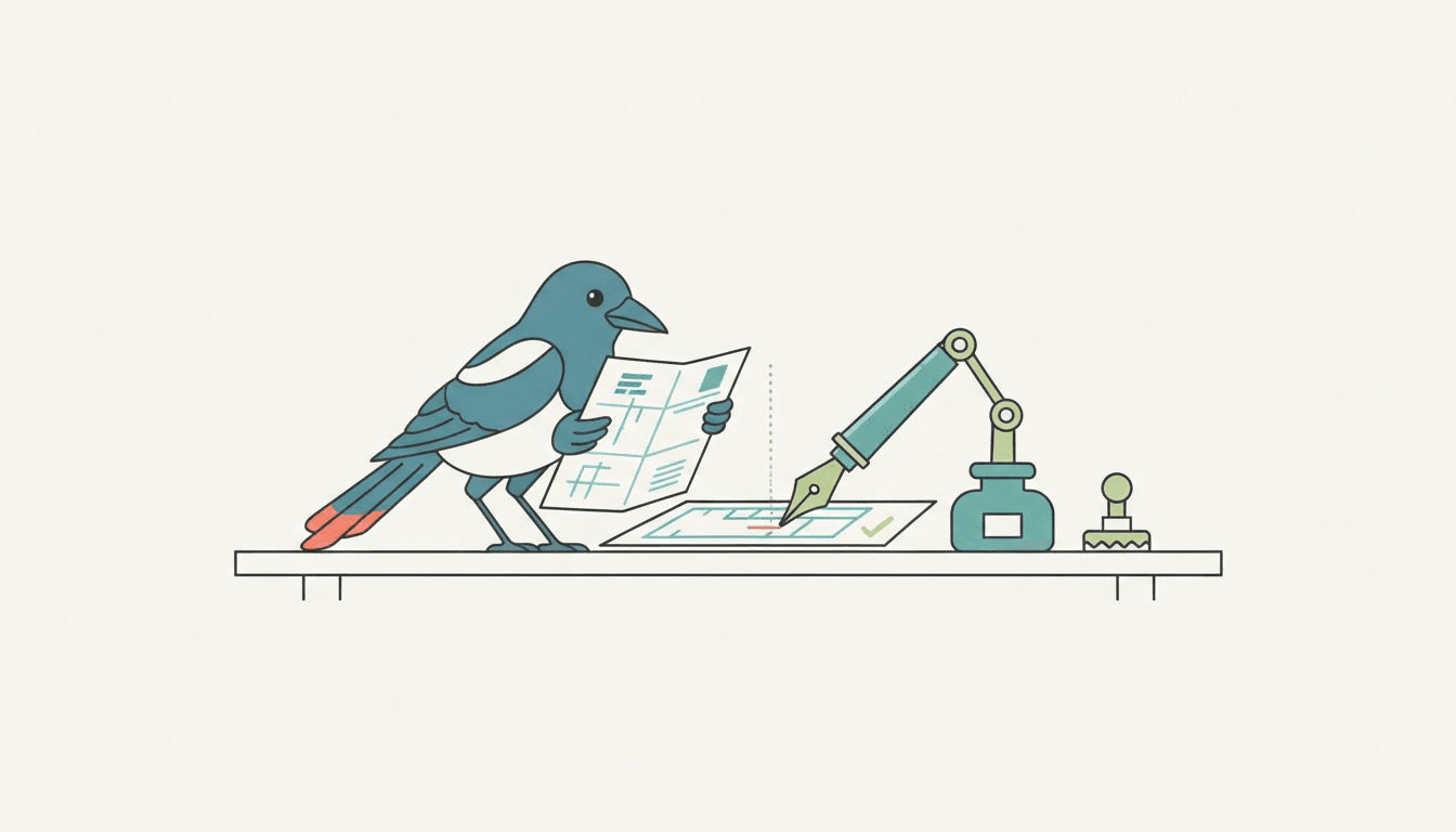 Editorial illustration of a workbench: a magpie holding a folded blueprint sheet on one side and a separate mechanical stylus editing the paper on the other, both facing the same document.